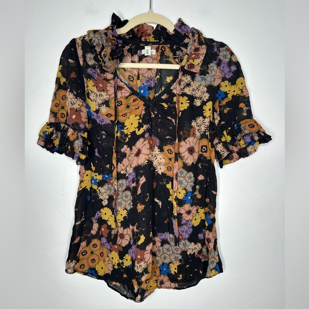 Odille Multicolor Dark‎ Floral Ruffle Blouse Top Size 2 Office Spring Bohemian